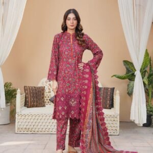Maroon Embroidered Khaddar Suit – 3 Pcs with Cut Work & Printed Details